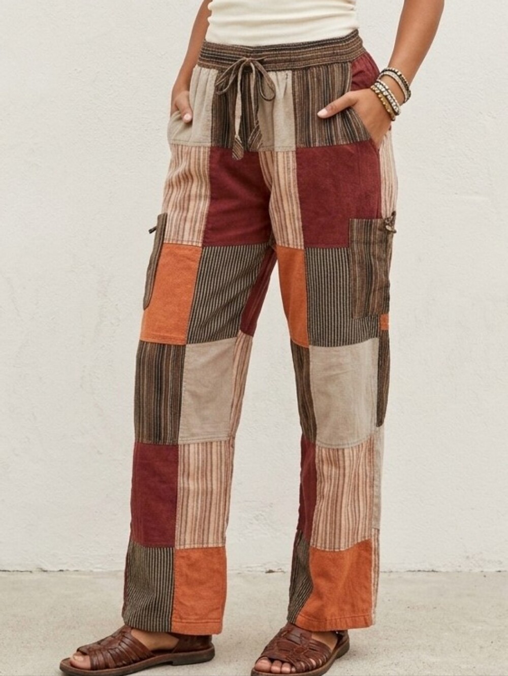 Patchwork Pants Cargo Elastic Waist Boho Hippie Straight Leg 100% Cotton Sz L